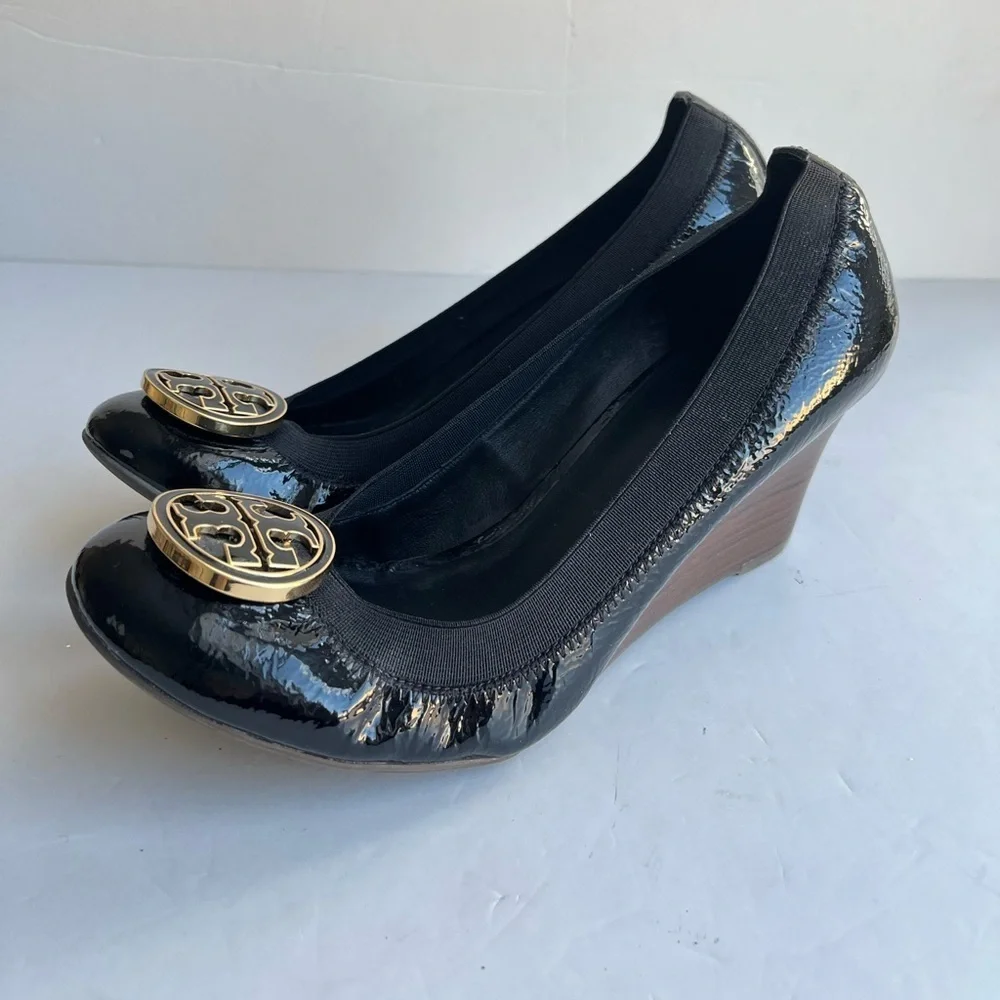 Tory Burch Caroline Black Patent Leather Wedges Size 9 Medium